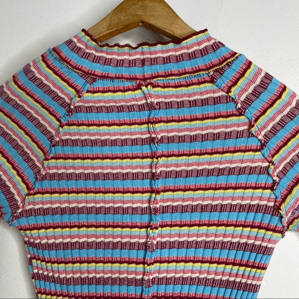 Free People Retro Mirror Blue Striped Mock Neck Ribbed Long Sleeve Crop Top Sz S - Picture 16 of 16